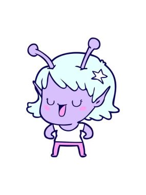 Mutlu uzaylı kız çizgi film tasarımının neon ışık efekti animasyonu