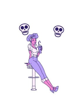 Animasyon şeklinde dönen kafatasları geleneksel tarzda dövmeli bir kız milkshake içiyor.