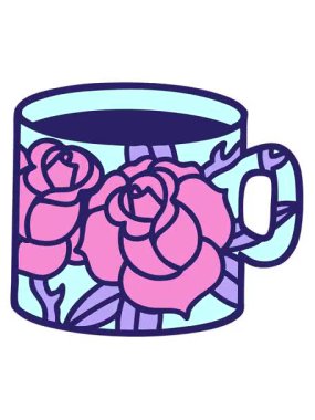 Dövmenin titreşimli animasyonu geleneksel bir fincan ve çiçek stilinde.