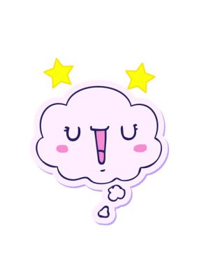 Yazılı çıkartma olarak düşünce baloncuğu olan mutlu bir çizgi film yüzünün dönen yıldızları animasyonu