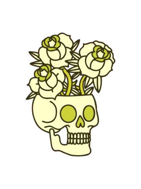 Dövmenin rengini değiştiren geleneksel bir kafatası ve gül şekli.