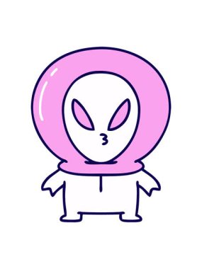 Küçük uzaylının neon ışık efektli animasyonu düşünceli görünüyor.