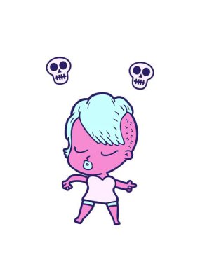 Çizgi filmdeki hippi kızın kafatası animasyonu.