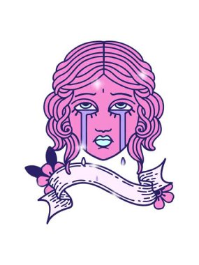 Geleneksel dövmenin ışıltı etkisi ve ağlayan kadın yüzü işareti.