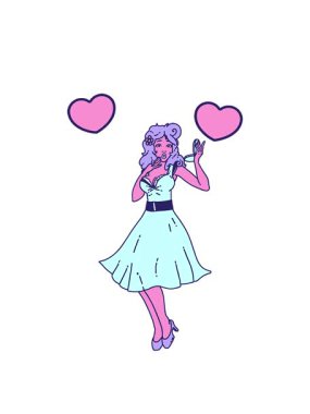 Animasyon şeklinde dönen kalpler geleneksel bir şekilde dövmeli şaşırmış bir kız.