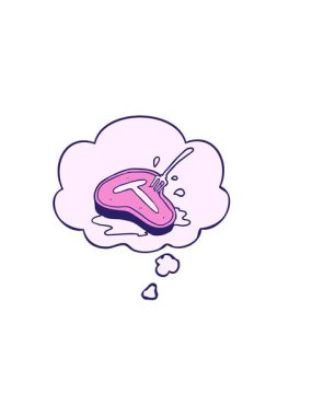 Düşünce baloncuklu karikatür bifteğinin yatay titreşimli animasyonu