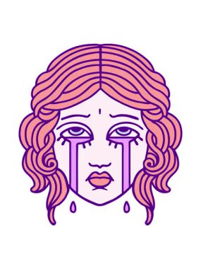 Parlak ışık efekti, dövmenin geleneksel kadın yüzü tarzında canlandırması. Parlak bir renkle ağlıyor.