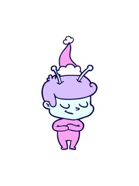 Dostça çizilmiş el çiziminin neon ışık efekti. Noel Baba şapkası takan bir uzay adamı çizimi.