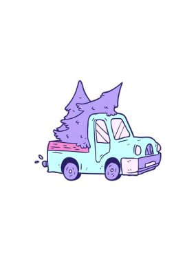 Çizgi film kamyonetinin Noel ağacı taşıdığı gösterişli bir satış animasyonu.