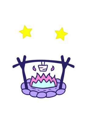 Bir kamp alanının çizgi film karalamalarının dönen yıldızları.