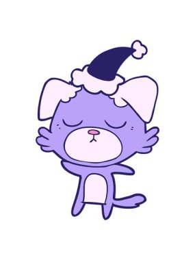 Titrek hareketli, el çizimi şirin bir köpek çizimi Noel Baba şapkası giyiyor.