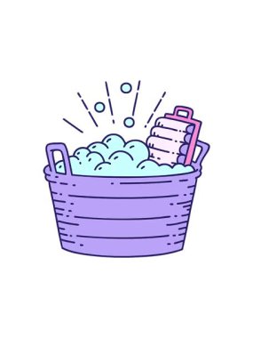 Geleneksel dövme stili eski çamaşır tahtası ve fırçalama kabının hareketli canlandırması