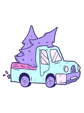 Karikatür kamyonetinin titreşimli hareket animasyonu Noel ağaçları taşıyor.