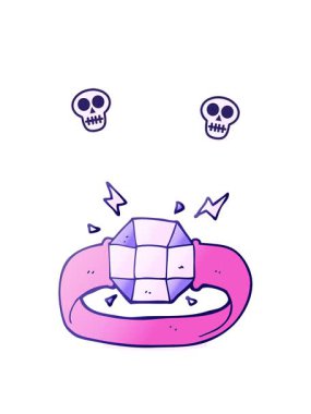 Devasa bir mücevher ile çizilmiş karikatür yüzüğünün kafatası animasyonu.