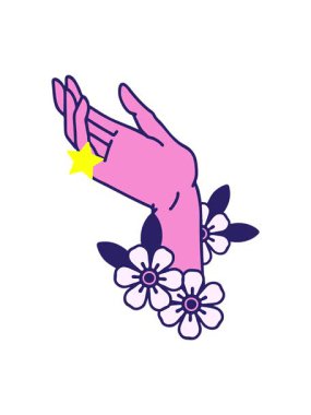 Parlayan yıldızlar geleneksel bir el tarzında retro dövmenin animasyonunu etkiler.