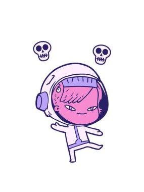 Bir astronot kadının çizgi film karalamalarının kafatası animasyonları.