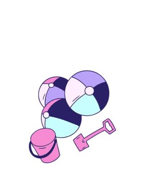 Bir kova ve kürek ile karikatür karalama plaj toplarının yükselişi ve yüzüşü