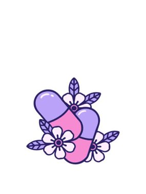 Çizgi film ikonik dövme imajı çizerek hapları ve çiçekleri büyütüyor.