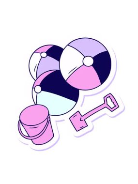 El çiziminin neon ışık efekti çizgi film karikatürü kova ve kürek ile plaj topları