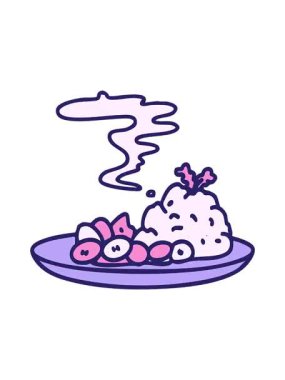 Buharda pişen Japon pilavı ve fasulye yemeğinin hareketli animasyonu.