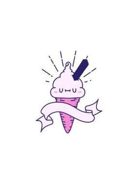 Dövme stili dondurma karakterli parşömen afişinin gösterişli satış animasyonu