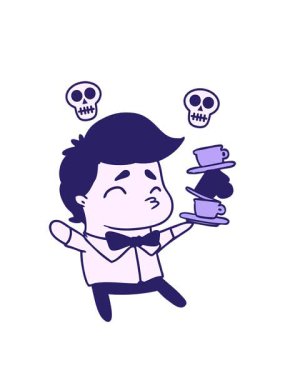 Kafatası animasyonunda kawaii yakışıklı bir garsonun çizgi film canlandırması.