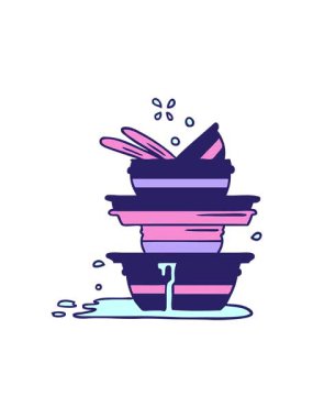 Dikkat çekici el çizimi bir yığın kirli tabağın karikatürü.