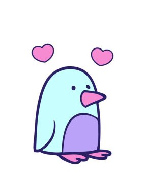 Karikatür karalamalarının dönen kalpleri küçük penguen