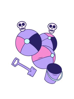 el animasyonu dönen kafatasları karikatür karalama plaj topları kova ve kürek ile