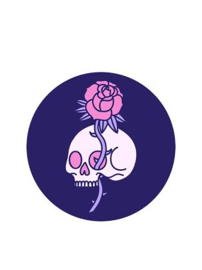 Yanıp sönen radyal çizgiler. İkonik dövmenin animasyonu. Gotik bir kafatası ve gül resmi.