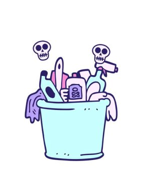 Çizgi film karalama evi temizlik ürünlerinin kafatası animasyonları