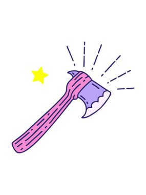 Parlayan yıldızlar geleneksel dövme stili baltanın animasyonunu etkiler.