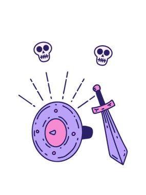 geleneksel dövme stili kalkanın ve kılıcın kafatası animasyonu