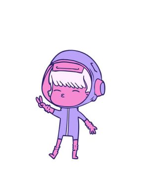 Çizgi film uzaykızı barış işareti yaparken canlandırma yapıyor.