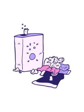 Çizgi film yıkama tozu ve çamaşırların hareketli animasyonu