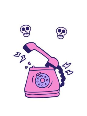 Çizgi film animasyonunun dönen kafatası animasyonu eski bir çevirmeli telefon.