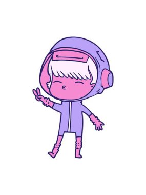 Uzay kızının barış işareti yapan çizgi film animasyonu.