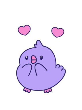 dönen kalp animasyonu sevimli yavru bir kuşun karikatürü şaşırmış görünüyor.