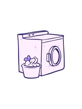 Dikkat, çizgi film çamaşır makinesi ve çamaşır makinesinin animasyonu.