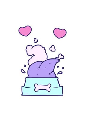 Mutlu bir Noel yavrusu için bir köpek kasesine tıkıştırılmış pişmiş hindinin dönen kalp animasyonu.