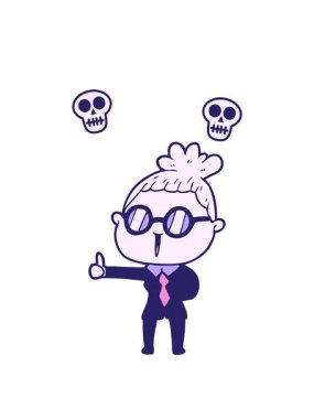 Gözlük takan çizgi filmci kadının kafatası animasyonu.