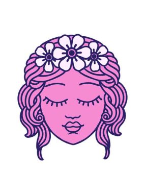 Dövmenin hareketli animasyonu geleneksel kadın yüzü tarzında gözleri kapalı.