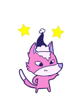 Dost canlısı el çizimleri çizen dönen yıldızlar Noel Baba şapkası takan bir kurdun çizimi