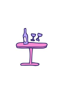 Yatay titreşimli el çizimi çizgi film masası şişe ve gözlüklü.