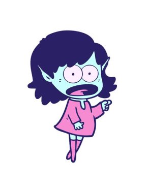 Çizgi filmin hareketli animasyonu şok edici elf kızı işaret ediyor.