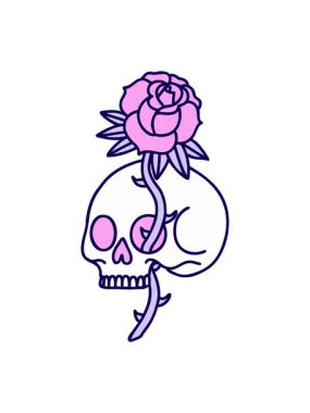 Bir kafatası ve gülün ikonik retro dövme görüntüsünün neon ışık efekti animasyonu