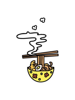 Sıcak Japon yemeklerini yemek çubuklarıyla oynatan hareketli animasyon.