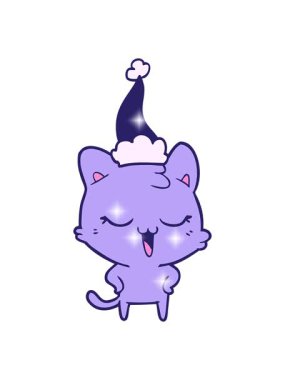 Noel Baba şapkası takan bir kedinin çizilmiş mutlu el çiziminin ışıltısı.