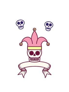 Kafatası animasyonu geleneksel dövmenin parlak renkli bir kafatası soytarısı sancağıyla canlandırması