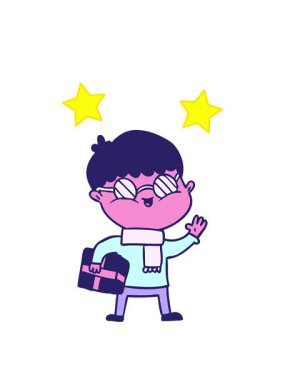 Hediye taşıyan gözlüklü çizgi film çocuğunun dönen yıldızları.